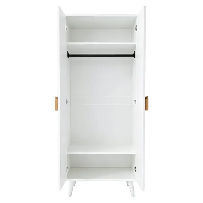 SONNENH Kleiderschrank 70 x 55 x 170 cm, Weiß -  - Offener weißer Kleiderschrank mit Einlegeböden, schwarzer Kleiderstange, hellen Holzgriffen und konischen Beinen.