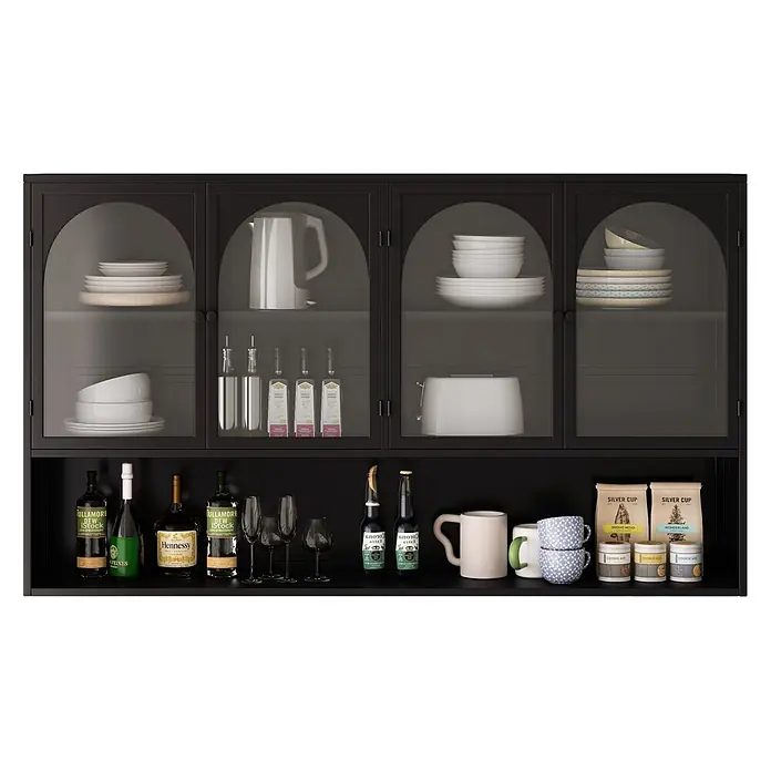 SONNENH Hängeschrank 120 x 23 x 70 cm, 3 Ebenen, Schwarz -  - Schwarzer Küchenschrank mit Glastüren, der weißes Geschirr, Küchengeräte sowie diverse Flaschen und Tassen zeigt.