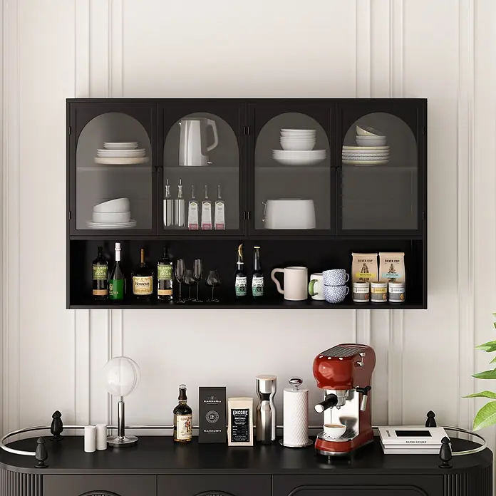 SONNENH Hängeschrank 120 x 23 x 70 cm, 3 Ebenen, Schwarz -  - Schwarzer wandmontierter Küchenschrank mit gewölbten Glastüren und offener Ablage zur Küchenaufbewahrung.