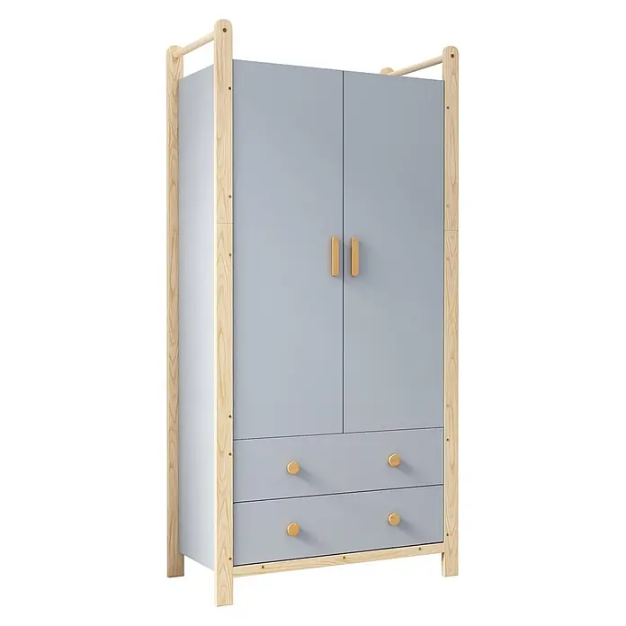 SONNENH Kleiderschrank 89,6 x 44 x 180,5 cm, Blau/Natur -  - Hellblauer Kleiderschrank mit zwei Türen, zwei Schubladen und naturholzfarbenem Rahmen sowie passenden Griffen.