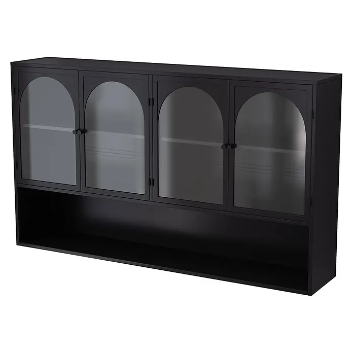 SONNENH Hängeschrank 120 x 23 x 70 cm, 3 Ebenen, Schwarz -  - Schwarzer Vitrinenschrank mit vier gewölbten Glastüren und einem offenen unteren Regal.