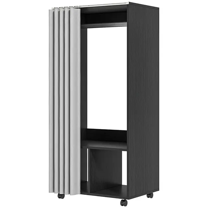 SONNENH Rollkleiderschrank 60 x 40 x 128 cm, Schwarz -  - Dunkelbrauner Kleiderschrank auf Rollen mit grauem Faltvorhang und unteren Regalen.