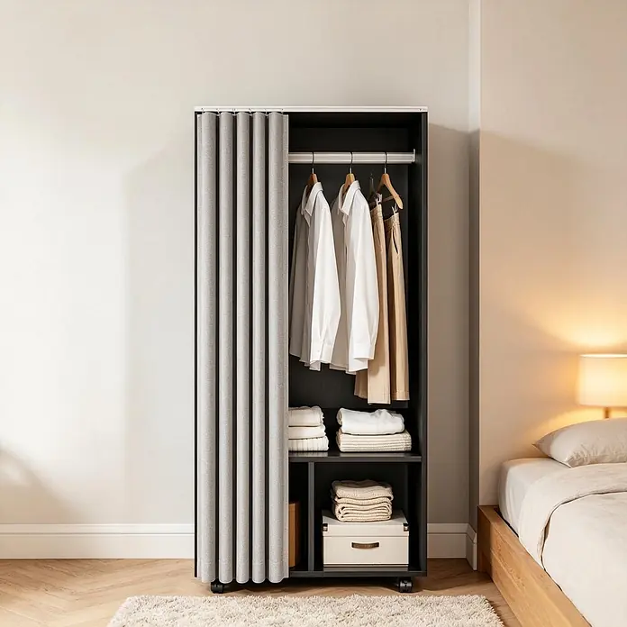 SONNENH Rollkleiderschrank 60 x 40 x 128 cm, Schwarz -  - Offener schwarzer Kleiderschrank mit grauem Stoffvorhang, Kleidung auf Kleiderbügeln und gefalteten Artikeln in einem Schlafzimmer.