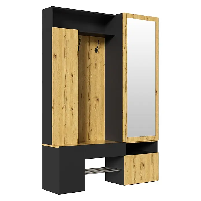 SONNENH Kleiderschrank 127 x 35 x 180,5 cm, Schwarz/Natur -  - Garderobenmöbelset in Dunkelgrau und hellem Holz mit Spiegel, Haken und Schuhregal.