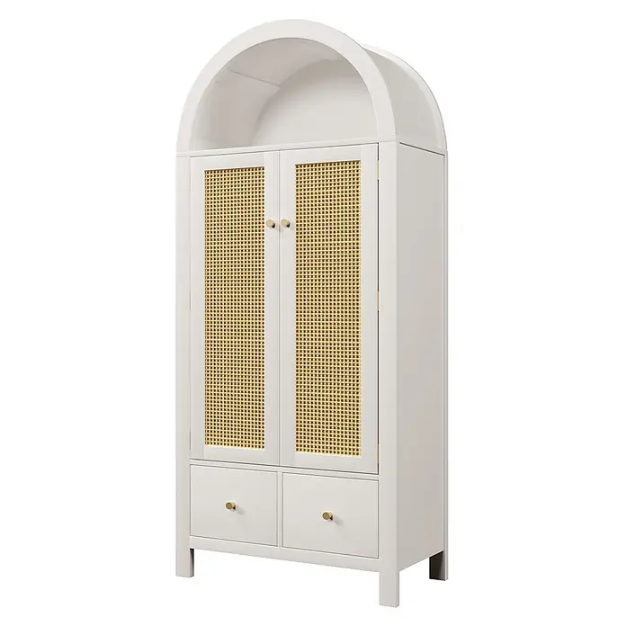 SONNENH Kleiderschrank 78 x 45 x 181 cm, Weiß -  - Weißer gewölbter Kleiderschrank mit Wiener Geflecht-Türen und goldenen Knöpfen, zwei Schubladen unten.