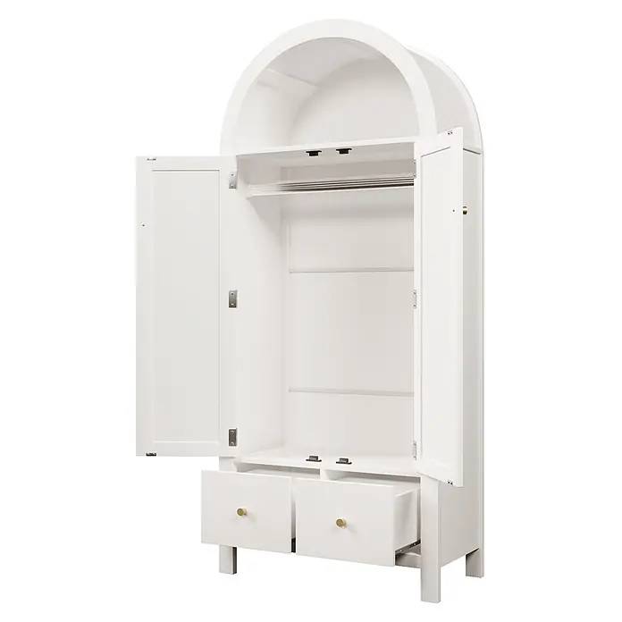 SONNENH Kleiderschrank 78 x 45 x 181 cm, Weiß -  - Weißer Holzschrank mit offenen Türen, Kleiderstange, Regalen und zwei offenen Schubladen mit Goldknöpfen. Bogenförmiges Oberteil.