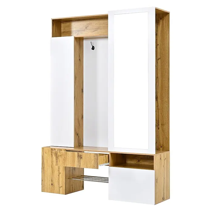 SONNENH Kleiderschrank 127 x 35 x 180,5 cm, Natur/Weiß -  - Garderoben-Set in Eichenoptik und Weiß, mit Spiegel, Schrank, Schublade, Kleiderhaken und Schuhablage.