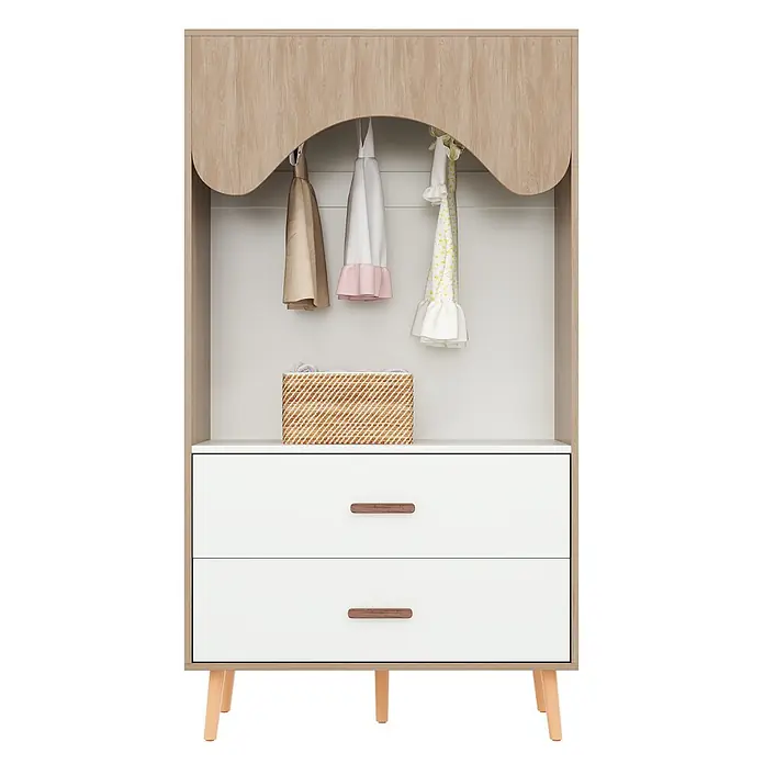SONNENH Kleiderschrank 80 x 46 x 141,5 cm, Weiß/Holzoptik -  - Weißer und heller Holz-Kinderkleiderschrank mit gewellter Oberseite, Kleiderstange, zwei Schubladen mit Holzgriffen und konischen Beinen.