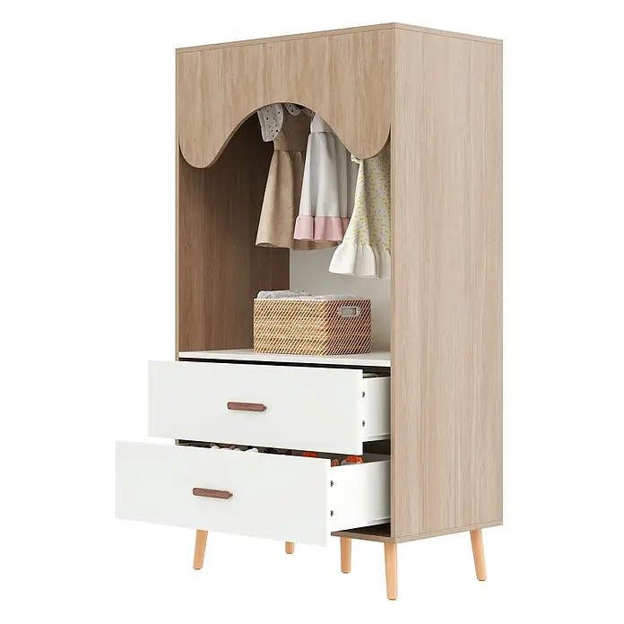 SONNENH Kleiderschrank 80 x 46 x 141,5 cm, Weiß/Holzoptik -  - Kinderkleiderschrank aus hellem Holz und Weiß, mit geschwungenem Hängefach, zwei Schubladen und Holzfüßen.