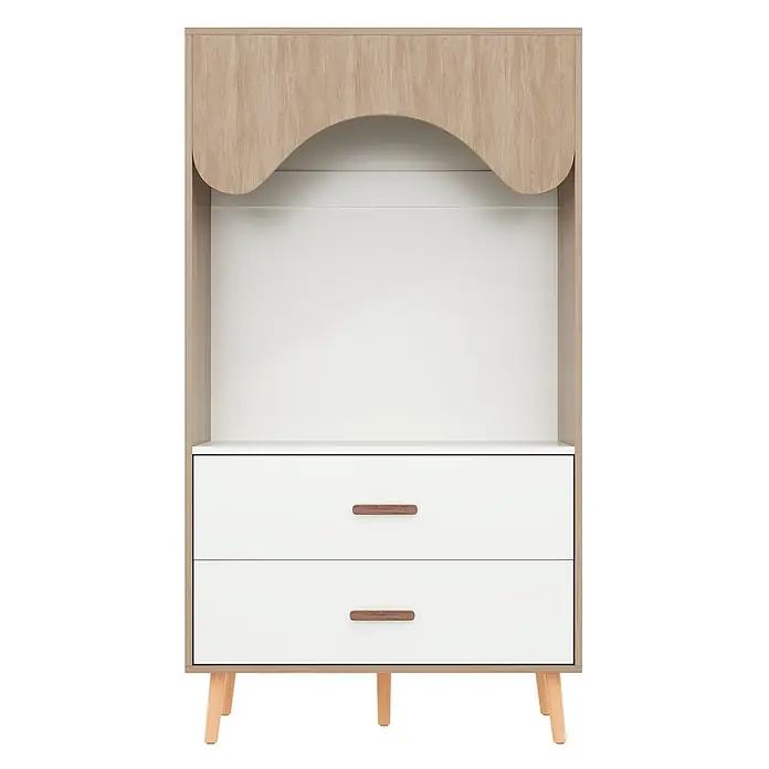 SONNENH Kleiderschrank 80 x 46 x 141,5 cm, Weiß/Holzoptik -  - Helle Holz- und weiße Kommode mit wellenförmiger Oberkante, offenem Fach und zwei Schubladen mit braunen Griffen, auf hellen Holzfüßen.