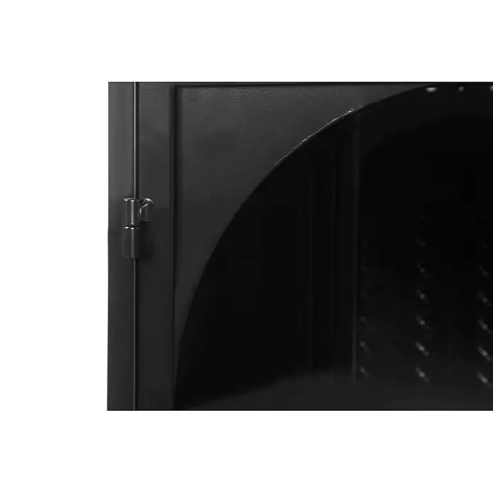 SONNENH Hängeschrank 70 x 23 x 60 cm, 3 Ebenen, Schwarz -  - Nahaufnahme einer schwarzen Metallschranktür mit sichtbarem Scharnier, teilweise geöffnet mit gebogener Innenkante.