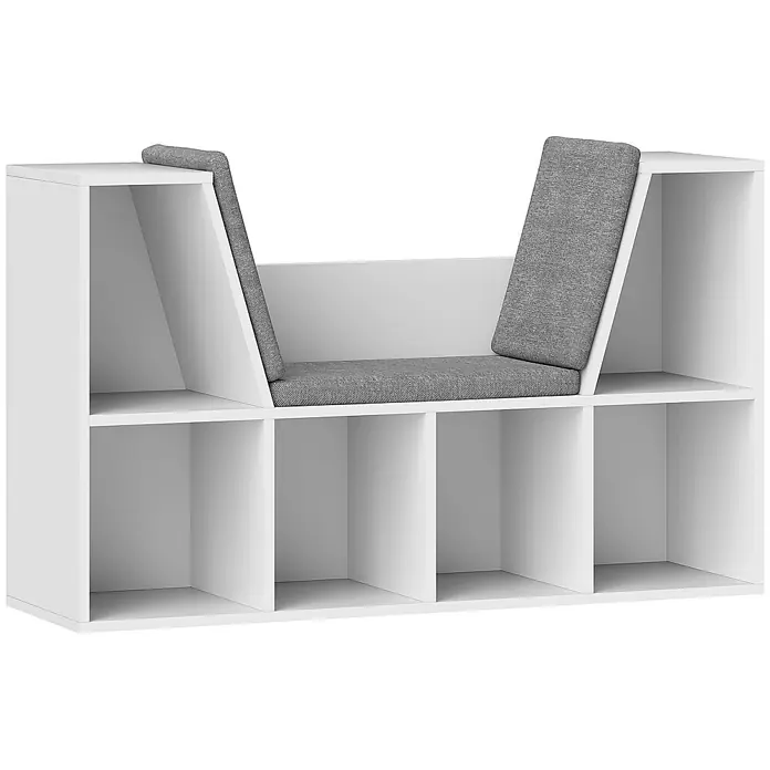 SONNENH Bücherregal 105 x 30 x 63 cm, 6 Fächer, Weiß -  - Weiße Ablagebank mit integrierter grauer Sitzfläche und Rückenlehne.