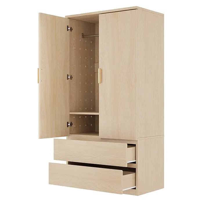 SONNENH Kleiderschrank 70 x 50 x 170 cm, Lochwand, Holzoptik -  - Heller Holzschrank mit zwei offenen Türen, einem Einlegeboden, einer Kleiderstange und zwei teilweise geöffneten Schubladen mit goldenen Griffen.