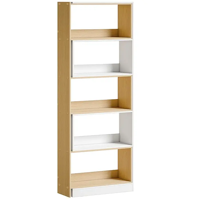 SONNENH Bücherregal 111,5 x 23,8 x 163,7 cm, 5 Ebenen, Natur/Weiß -  - Hohes, schmales zweifarbiges Bücherregal mit weißen Böden und hellen Holz-Seitenwänden und Rückwänden, bietet offene Ablagefächer.
