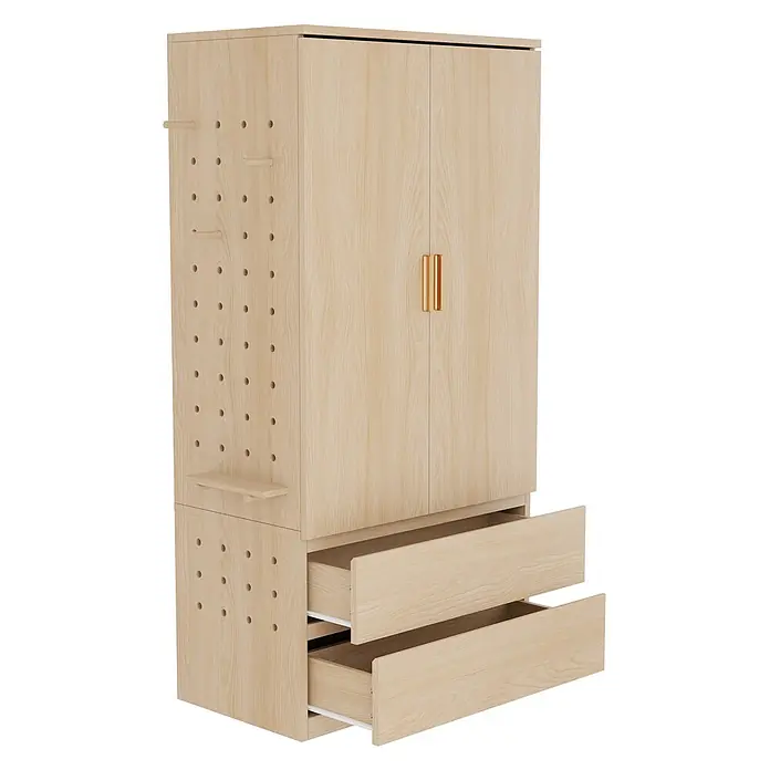 SONNENH Kleiderschrank 70 x 50 x 170 cm, Lochwand, Holzoptik -  - Helles Holzschrank mit zwei Türen, zwei geöffneten Schubladen und einer Lochwandseite mit Stiften und Regal.