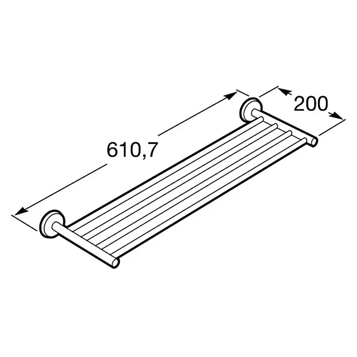 Roca Twin Portatoallas - Cuadrado - Representación esquemática de un toallero de varias barras, completo con marcas dimensionales para longitud y profundidad.