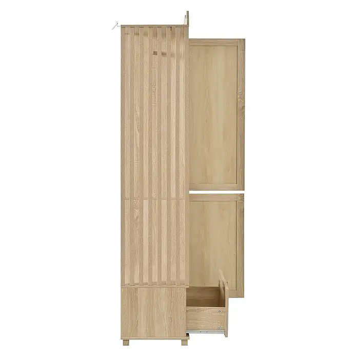 SONNENH Kleiderschrank 115,5 x 38,5 x 194,5 cm, Eichenoptik -  - Heller Holzschrank mit Lamellenfront, geöffneter Tür und Schublade, mit Kleiderstange sichtbar.
