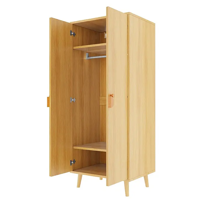 SONNENH Kleiderschrank 70 x 55 x 170 cm, Holzoptik -  - Hellbrauner Holzschrank mit zwei geöffneten Türen, Einlegeböden und Kleiderstange, auf kleinen Beinen stehend.
