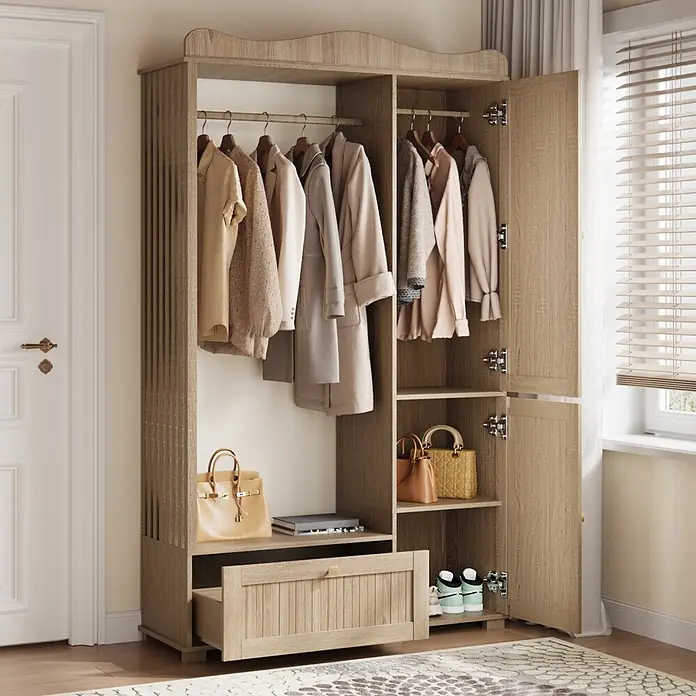 SONNENH Kleiderschrank 115,5 x 38,5 x 194,5 cm, Eichenoptik -  - Flurgarderobe in Eichenoptik mit Hängeaufbewahrung, offenen Regalen und einer Schublade, geeignet für Mäntel, Taschen und Schuhe.