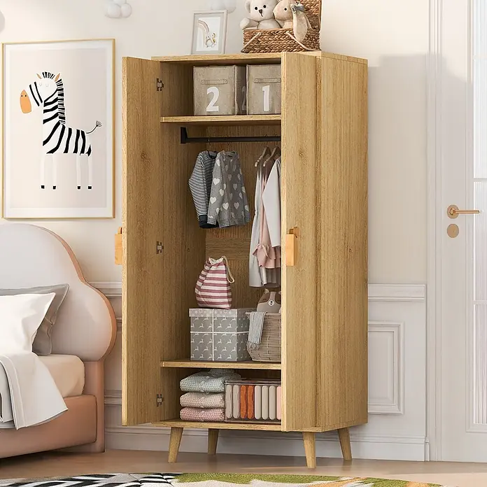 SONNENH Kleiderschrank 70 x 55 x 170 cm, Holzoptik -  - Heller Holzschrank mit zwei Türen, Einlegeböden und Kleiderstange auf konischen Beinen im Kinderzimmer.