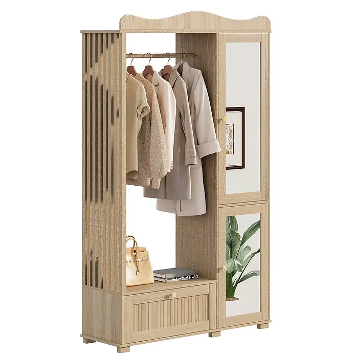 SONNENH Kleiderschrank 115,5 x 38,5 x 194,5 cm, Eichenoptik -  - Heller Holz-Garderobenständer mit Kleiderstange, Spiegel, Schublade und Lamellenwand. Bietet offene Ablagen für Taschen und Bücher.