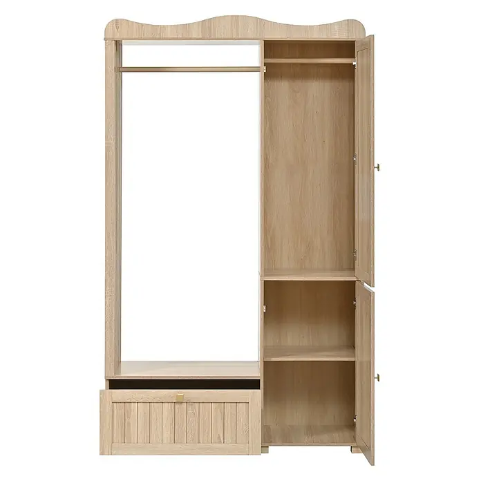 SONNENH Kleiderschrank 115,5 x 38,5 x 194,5 cm, Eichenoptik -  - Heller Holzschrank mit offener Kleiderstange, zwei Regalböden hinter Türen und einer unteren Schublade, mit dekorativem wellenförmigem Oberteil.