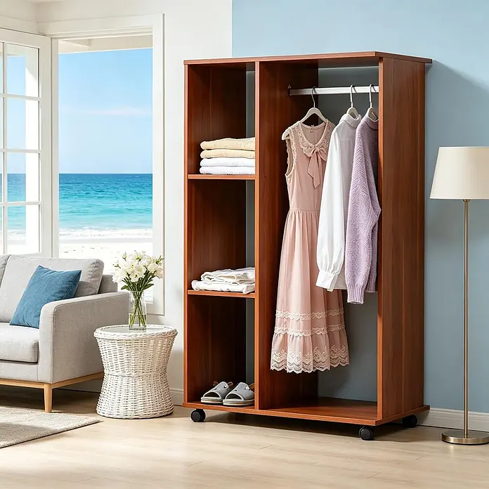 SONNENH Kleiderschrank 80 x 40 x 128 cm, Walnussoptik -  - Mobiles Holzkleiderschrank mit offenen Regalen und Kleiderstange, Kleidung in hellem Raum am Meer.