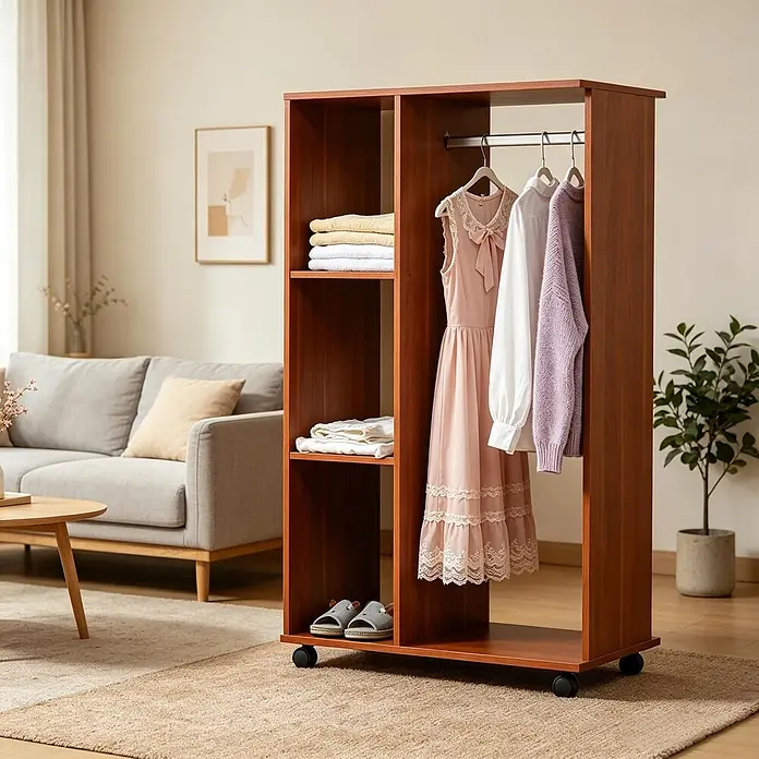 SONNENH Kleiderschrank 80 x 40 x 128 cm, Walnussoptik -  - Ein dunkelbrauner, offener Kleiderschrank aus Holz auf Rollen mit Regalen und einer Kleiderstange, der Kleidung und Handtücher in einem Raum zeigt.