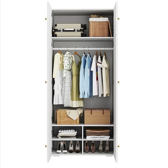 SONNENH Kleiderschrank 90 x 50 x 200 cm, 5 Fächer, Weiß -  - Offener weißer Kleiderschrank mit Kleidung, Schuhen, Koffern und geflochtenen Körben.