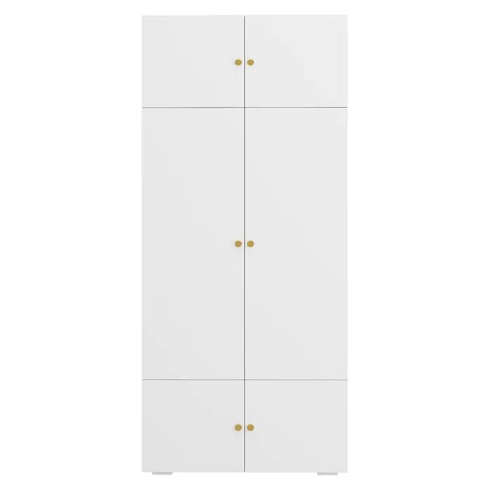 SONNENH Kleiderschrank 90 x 50 x 200 cm, 5 Fächer, Weiß -  - Weißer Schrank mit goldenen Rundgriffen und drei Türpaaren.