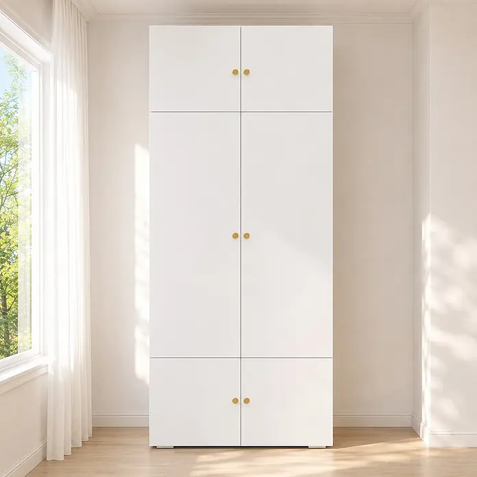 SONNENH Kleiderschrank 90 x 50 x 200 cm, 5 Fächer, Weiß -  - Hoher weißer Kleiderschrank mit sechs Türen und runden Goldknöpfen, in drei vertikalen Abschnitten.