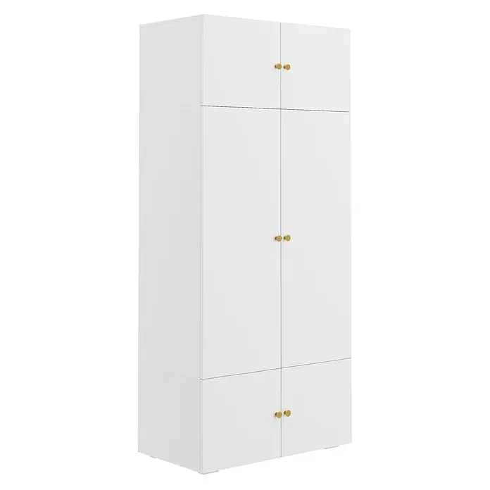 SONNENH Kleiderschrank 90 x 50 x 200 cm, 5 Fächer, Weiß -  - Weißer Kleiderschrank mit sechs Türen und runden goldfarbenen Griffen.