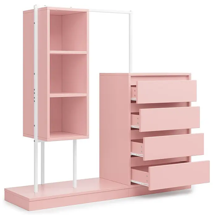 SONNENH Kleiderschrank 140 x 40 x 135 cm, Rosa -  - Rosa offener Kleiderschrank mit Regalen und fünf ausziehbaren Schubladen, gestützt von weißem Metallrahmen, auf passendem rosa Sockel.