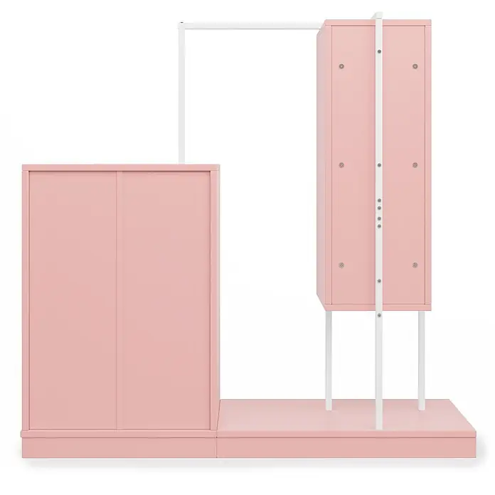 SONNENH Kleiderschrank 140 x 40 x 135 cm, Rosa -  - Rosa Kinderkleiderschrank und Aufbewahrungssystem mit Schiebetüren und Spindfächern, mit weißem Metallrahmen.