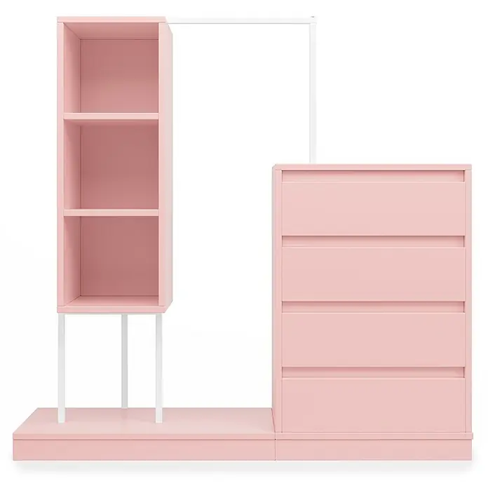 SONNENH Kleiderschrank 140 x 40 x 135 cm, Rosa -  - Rosa modulares Kleiderschrank-System mit offenen Regalen, vier Schubladen und weißer Kleiderstange.