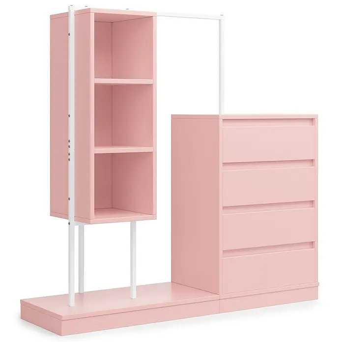 SONNENH Kleiderschrank 140 x 40 x 135 cm, Rosa -  - Rosa Aufbewahrungseinheit mit weißem Metallrahmen, offenen Regalen, Kleiderstange und Kommode mit vier Schubladen.