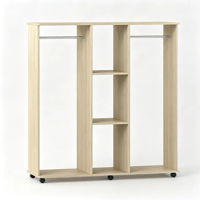 SONNENH Kleiderschrank 120 x 40 x 128 cm, Holzoptik -  - Hellholzfarbener mobiler offener Kleiderschrank mit zwei Kleiderstangen und drei Regalböden, auf Rollen.
