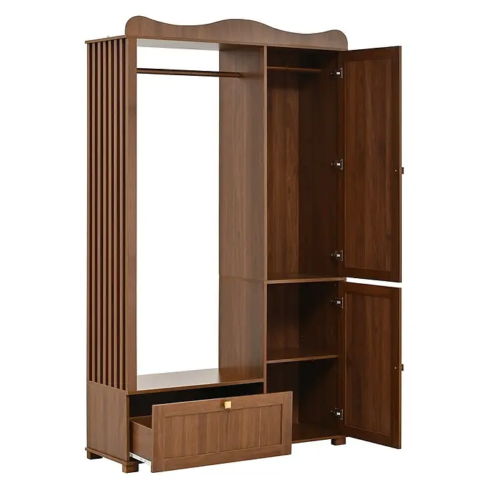 SONNENH Kleiderschrank 115,5 x 38,5 x 194,5 cm, Walnussoptik -  - Brauner Holzschrank, offen, mit Kleiderstange, Regalböden, zwei geöffneten Türen und einer ausgezogenen Schublade, mit Lamellenwand.