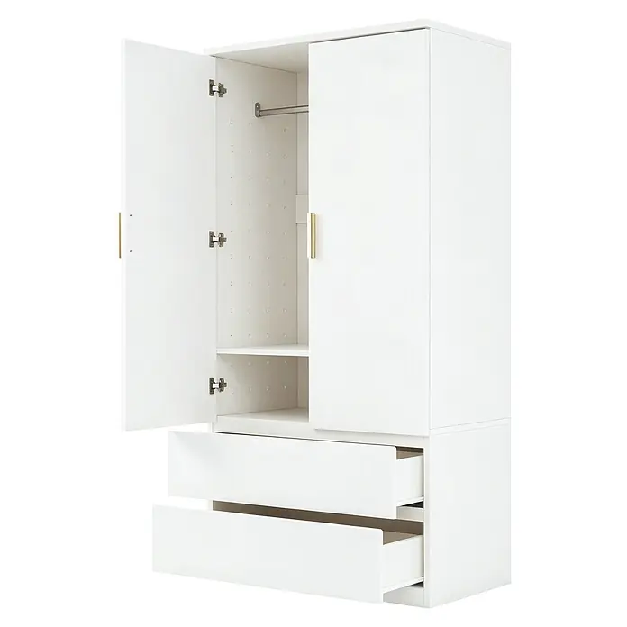 SONNENH Kleiderschrank 70 x 50 x 170 cm, Lochwand, Weiß -  - Weißer Kleiderschrank mit goldfarbenen Griffen, einer offenen Tür mit Kleiderstange und Regal, sowie zwei geöffneten Schubladen.