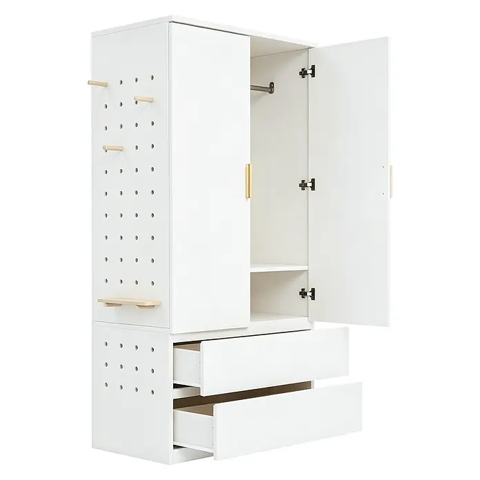SONNENH Kleiderschrank 70 x 50 x 170 cm, Lochwand, Weiß -  - Weißer Kleiderschrank mit offenen Türen, zwei Schubladen und einer Lochwandseite mit Holzstiften. Goldene Griffe.