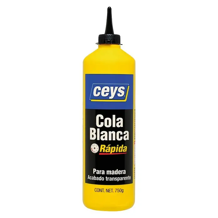 Ceys Cola blanca Rápida - 750 g - Botella amarilla de cola blanca rápida CEYS para madera, ideal para acabados transparentes, con un contenido neto de 750g.