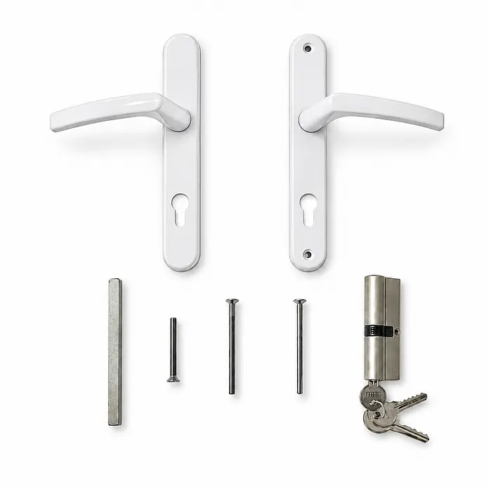 PVC-Eingangstür M.1 mit 2 Flügeln, 1200 x 2100 mm, rechts öffnend -  - Komplettes weißes Türdrücker-Set mit zwei Griffen, Zylinderschloss, Schlüsseln und Montagematerial.