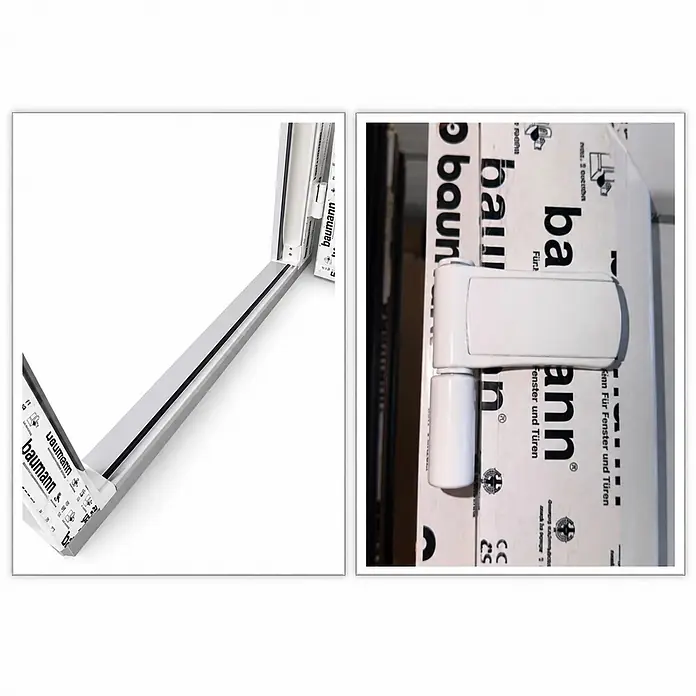 PVC-Eingangstür M.1 mit 2 Flügeln, 1200 x 2100 mm, rechts öffnend -  - Weißes PVC-Fensterprofil, Eckdetail mit schwarzer Dichtung, und ein weißes Fensterband am Rahmen.