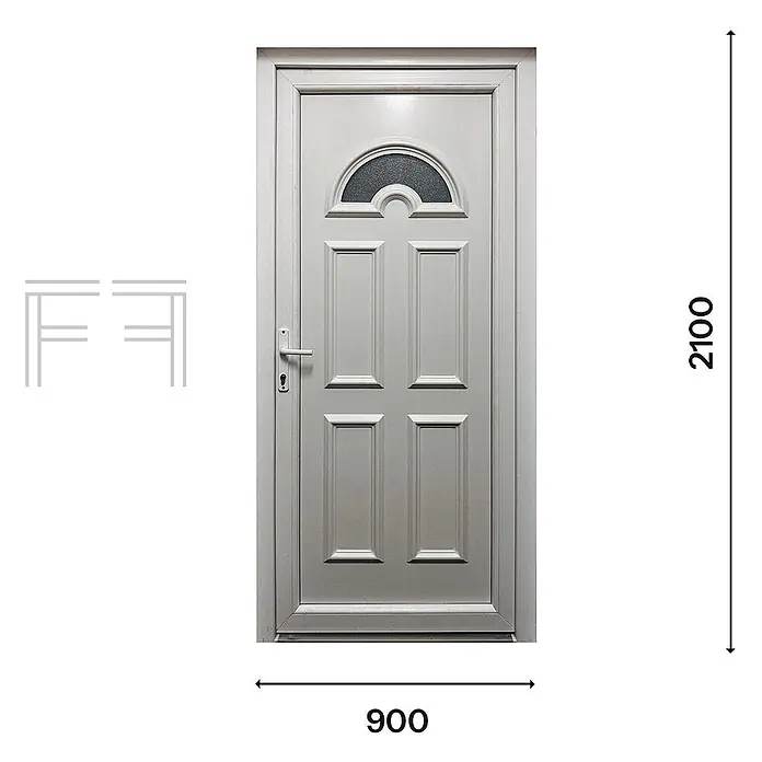 PVC-Eingangstür Weiß M4, 900 x 2100 mm, DIN links, Öffnung nach links -  - Graue Paneeltür mit halbkreisförmiger Verglasung oben und vier rechteckigen Paneelen, 900x2100.