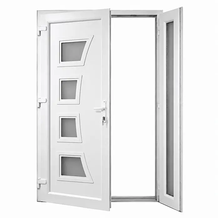 PVC-Eingangstür M.1 mit 2 Flügeln, 1200 x 2100 mm, rechts öffnend -  - Teilweise geöffnete weiße Tür mit vier Milchglaseinsätzen und Schlüssel im Griff. Eine angrenzende Platte ist ebenfalls offen.