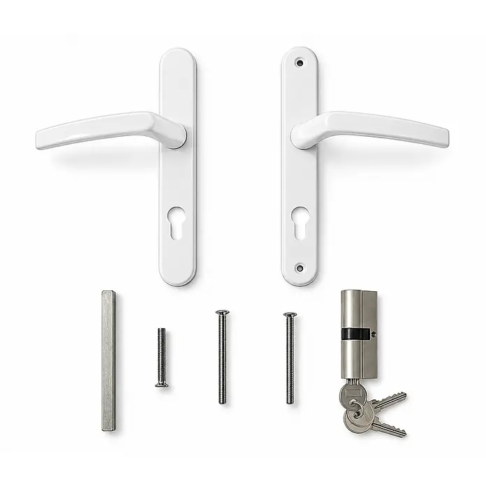 PVC-Haustür Fintex Group M3, Weiß, 900 x 2100 mm, DIN-Anschlag rechts -  - Set aus weißen Türgriffen, Zylinderschloss mit Schlüsseln und Montagematerial.