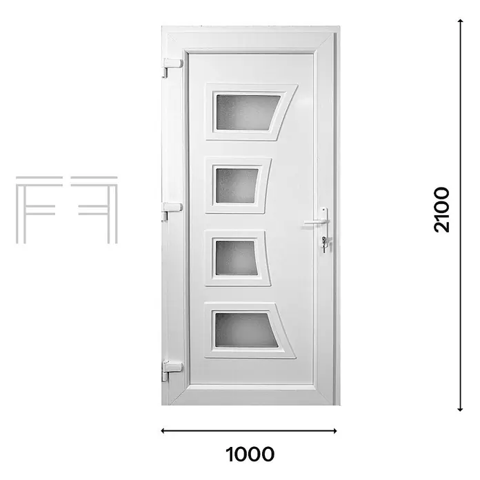 PVC-Eingangstür M1, Weiß, 1000 x 2100 mm, DIN links -  - Weiße Tür mit vier geometrischen Glaspaneelen, Griff und Schloss. Maße: 1000x2100.