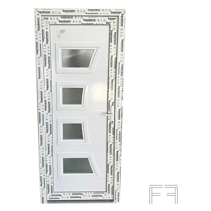 PVC-Eingangstür M1, Weiß, 1000 x 2100 mm, DIN links -  - Weiße Tür mit vier trapezförmigen Fenstern aus Milchglas und "baumann" Markenschutzfolie.