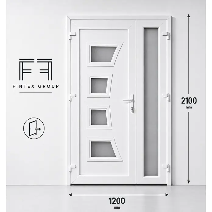 PVC-Eingangstür M.1 mit 2 Flügeln, 1200 x 2100 mm, rechts öffnend -  - Weiße moderne Tür mit vier geometrischen Glasfüllungen und festem Seitenlicht, 2100x1200mm.