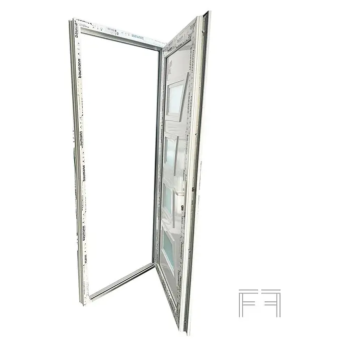 PVC-Eingangstür M1, Weiß, 1000 x 2100 mm, DIN links -  - Weiße PVC-Eingangstür mit mehreren Glasscheiben, offen gezeigt mit Rahmen.